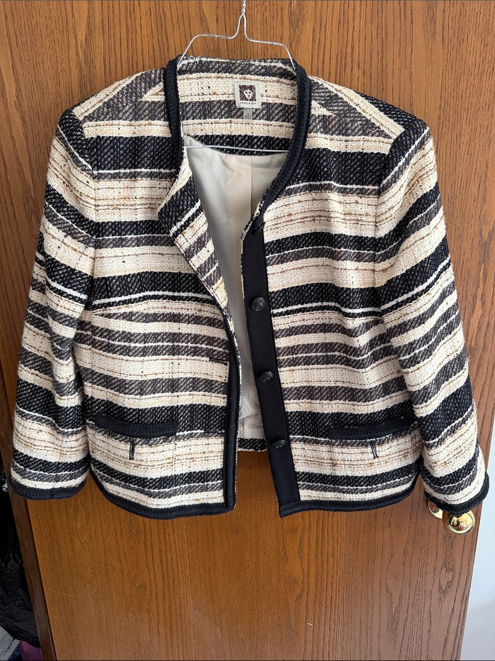 Anne Klein Black and Cream Striped Tweed Jacket